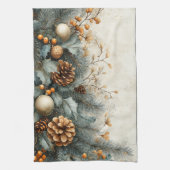 Kerst Pine Cones Holly Gold Ornamenten Theedoek (Verticaal)
