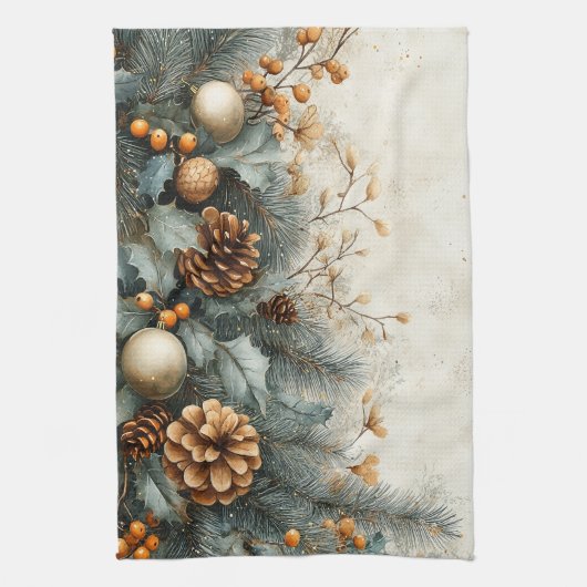 Kerst Pine Cones Holly Gold Ornamenten Theedoek (Verticaal)