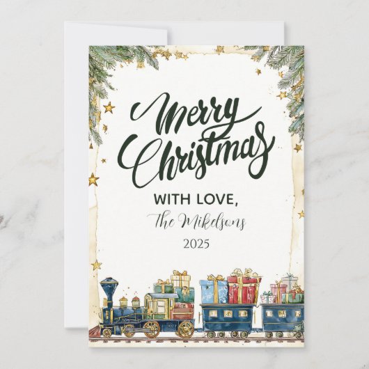 Kerst Pine en Cadeaus Train Feestdagenkaart (Voorkant)