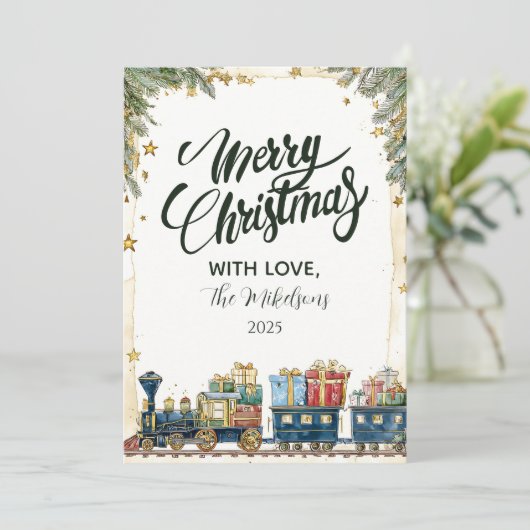 Kerst Pine en Cadeaus Train Feestdagenkaart (Staand voorkant)