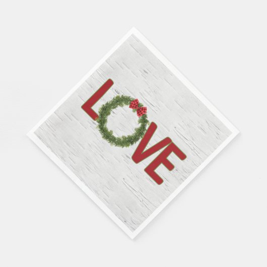 Kerst Pine Krans en LIEFDE Tekst op Berk Servet (Hoek)