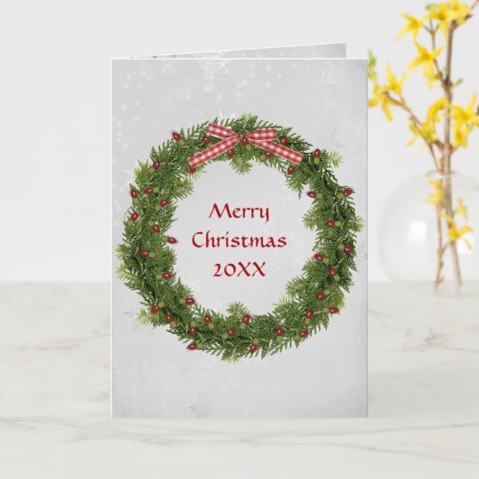 Kerst Pine krans met rode Gingham Bow Kaart (Gele Bloem)