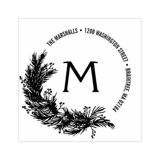 Kerst Pine takken Monogram retour adres Rubberstempel (Afrduk)