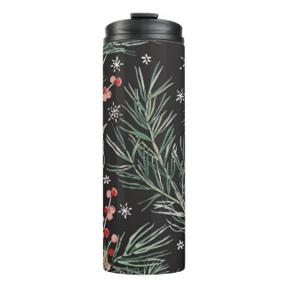 Kerst Pine Twigs zwarte achtergrond Thermosbeker