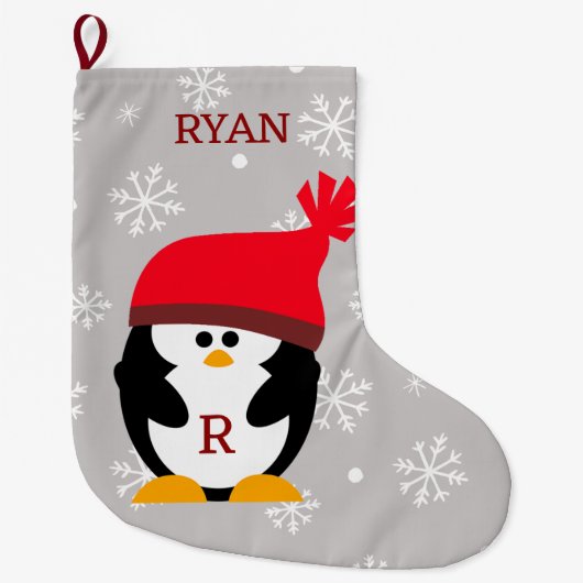 Kerst Pinguïn aangepaste naam en bericht Grote Kerstsok (Voorkant)