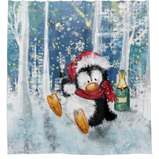 Kerst Pinguïn Douchegordijn (Voorkant)