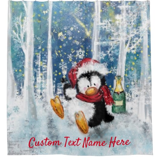 Kerst Pinguïn Douchegordijn met aangepaste tekst (Voorkant)