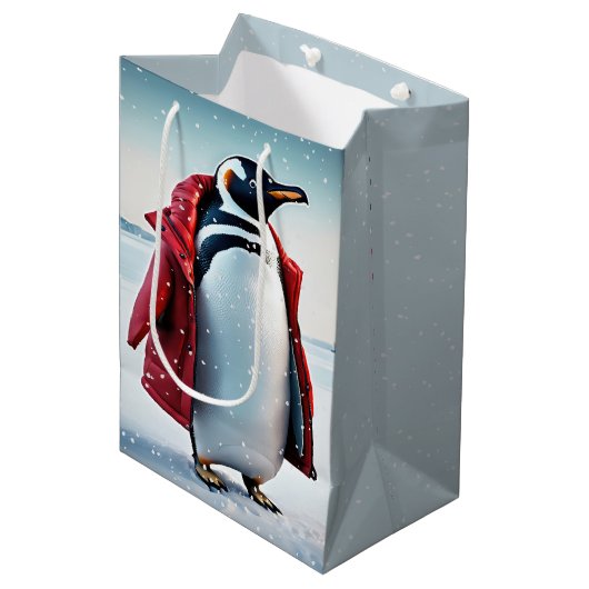Kerst Pinguïn Dragen van een rode jas Medium Cadeauzakje (Voorkant Gekanteld)
