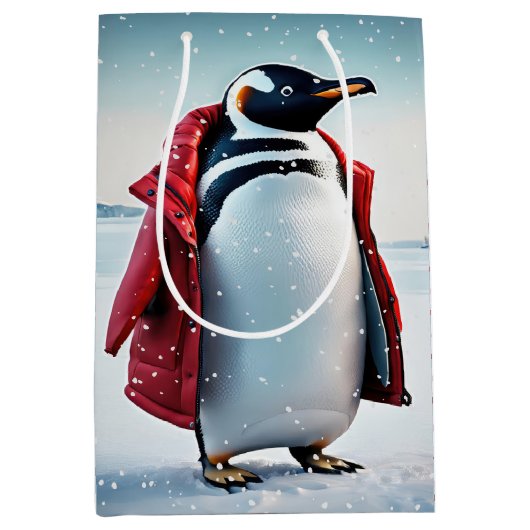 Kerst Pinguïn Dragen van een rode jas Medium Cadeauzakje (Voorkant)