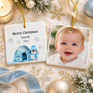 Kerst pinguïn foto winter kind keramisch ornament