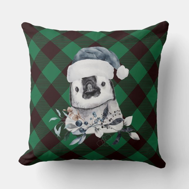 Kerst Pinguïn Groen Plaid Checker Kussen (Voorkant)