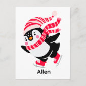 Kerst Pinguïn in een Pet en Sjaal op Schaatsen Briefkaart (Voorkant)