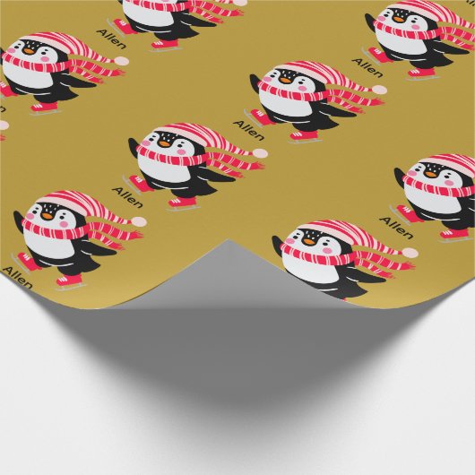 Kerst Pinguïn in een Pet en Sjaal op Schaatsen Cadeaupapier (Hoek)