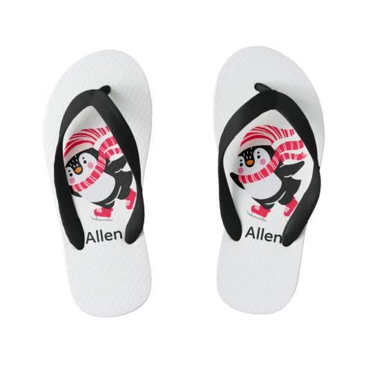 Kerst Pinguïn in een Pet en Sjaal op Schaatsen Kinder Teenslippers (Voetbed)