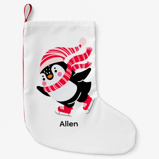 Kerst Pinguïn in een Pet en Sjaal op Schaatsen Kleine Kerstsok (Voorkant)