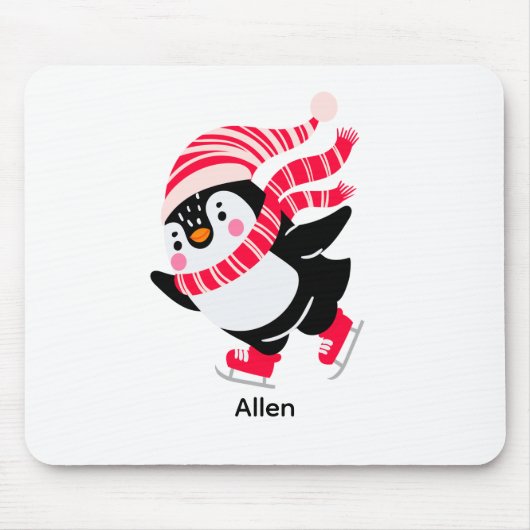 Kerst Pinguïn in een Pet en Sjaal op Schaatsen Muismat (Voorkant)