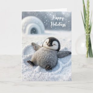 Kerst Pinguïn Kuiken Het Maken Van Een Sneeuwengel Kaart