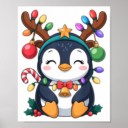Kerst Pinguïn Rendier Lichtjes Vakantie Dier K Poster (Voorkant)