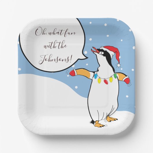 Kerst Pinguïn Skiën Papieren Bordje (Voorkant)