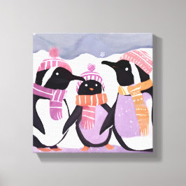 Kerst Pinguïn Vrienden | Winter Waterverf Canvas Afdruk