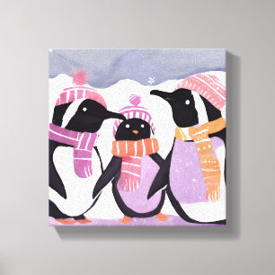 Kerst Pinguïn Vrienden   Winter Waterverf Canvas Afdruk