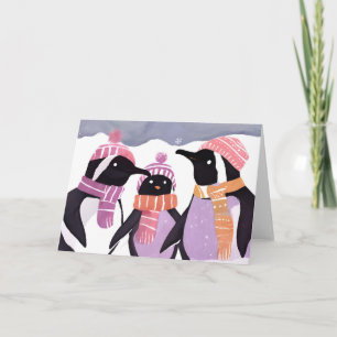 Kerst Pinguïn Vrienden Winter Waterverf Feestdagen Kaart