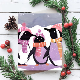 Kerst Pinguïn Vrienden | Winter Waterverf Feestdagenkaart