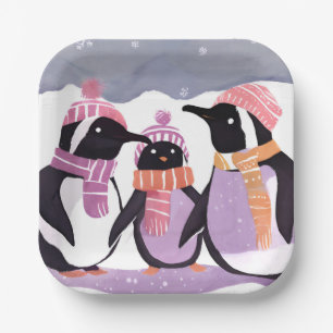 Kerst Pinguïn Vrienden   Winter Waterverf Papieren Bordje