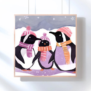 Kerst Pinguïn Vrienden   Winter Waterverf Perfect Poster