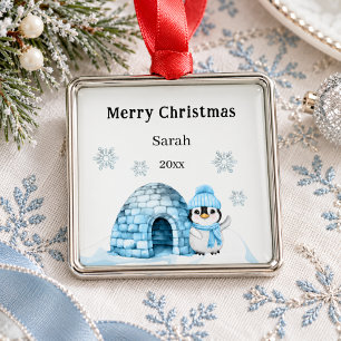 Kerst pinguïn winter kind schattig blauw wit metalen ornament