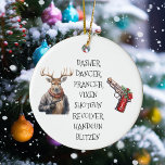 Kerst Pistool Lover Rendieren Namen Keramisch Ornament<br><div class="desc">Dit ontwerp werd gecreeerd door digitale kunst. Het kan op het verstrekte gebied worden gepersonaliseerd of door de foto te veranderen of uw eigen woorden toe te voegen worden aangepast. Neem contact met me op colorflowcreations@gmail.com als je dit ontwerp op een ander product wilt gebruiken. Zie meer van mijn creaties...</div>