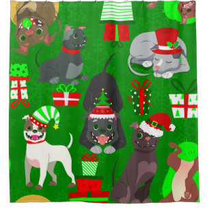 Kerst Pitbull Puppy Kerstman Hond Douchegordijn