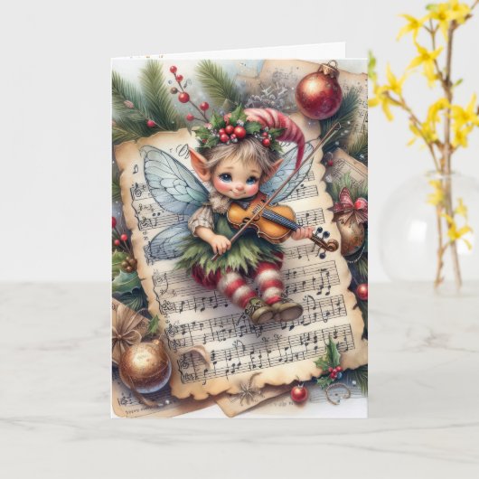 Kerst Pixie Elf Speelt Viool Kaart (Gele Bloem)