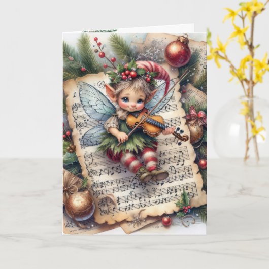 Kerst Pixie Elf Vioolspelend Kaart (Gele Bloem)