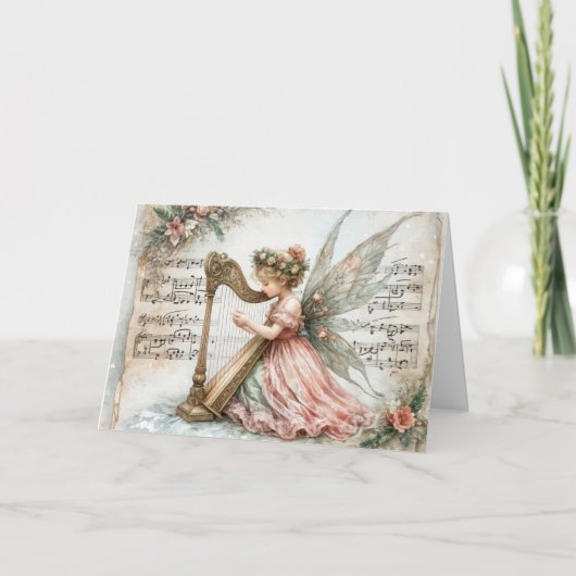 Kerst Pixie Fairy Het spelen van een harp Kaart (Voorkant)