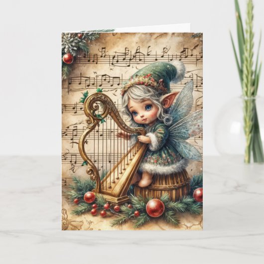 Kerst Pixie Fairy Het spelen van een harp Kaart (Voorkant)