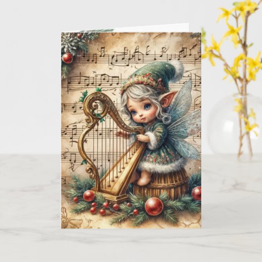 Kerst Pixie Fairy Het spelen van een harp Kaart (Gele Bloem)