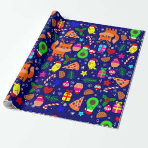 Kerst Pizza Kuiken Vogel Avocado Blauw Cadeaupapier