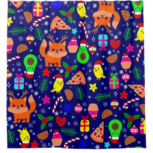 Kerst Pizza Kuiken Vogel Avocado Blauw Douchegordijn (Voorkant)
