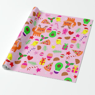 Kerst Pizza Kuiken Vogel avocado roze Cadeaupapier
