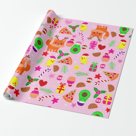 Kerst Pizza Kuiken Vogel avocado roze Cadeaupapier (Uitgerold)
