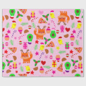 Kerst Pizza Kuiken Vogel avocado roze Cadeaupapier (Vlak)