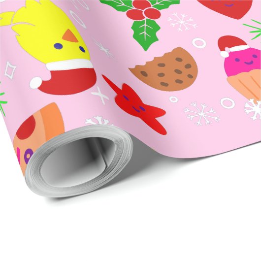 Kerst Pizza Kuiken Vogel avocado roze Cadeaupapier (Rol Hoek)