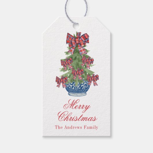 Kerst Plaid Bow Chinoiserie Topiary Tree Cadeaulabel (Voorkant)