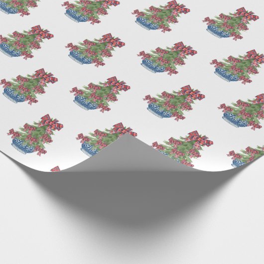 Kerst Plaid Bow Chinoiserie Topiary Tree Cadeaupapier (Hoek)