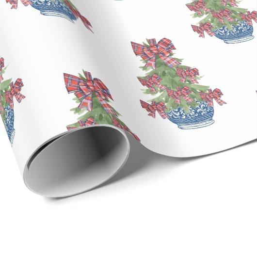 Kerst Plaid Bow Chinoiserie Topiary Tree Cadeaupapier (Rol Hoek)