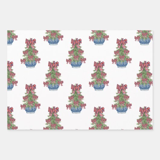 Kerst Plaid Bow Chinoiserie Topiary Tree Inpakpapier Vel (Voorkant)