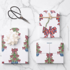 Kerst Plaid Bow Chinoiserie Topiary Tree Inpakpapier Vel