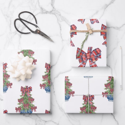 Kerst Plaid Bow Chinoiserie Topiary Tree Inpakpapier Vel (Voorkant)