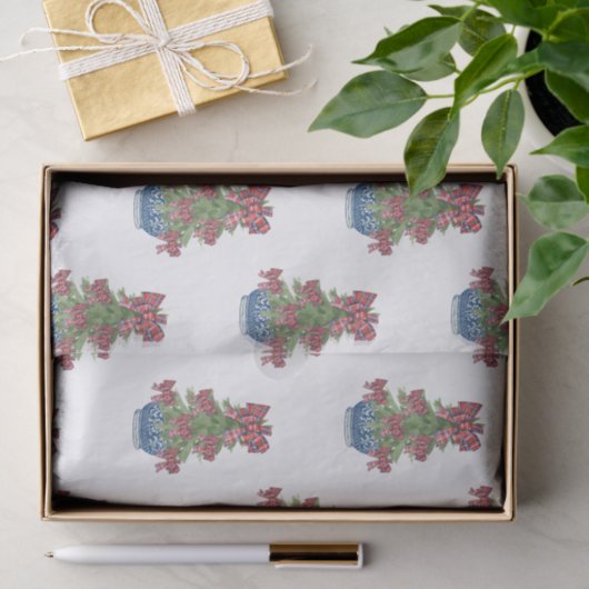 Kerst Plaid Bow Chinoiserie Topiary Tree Tissuepapier (Geschenk)
